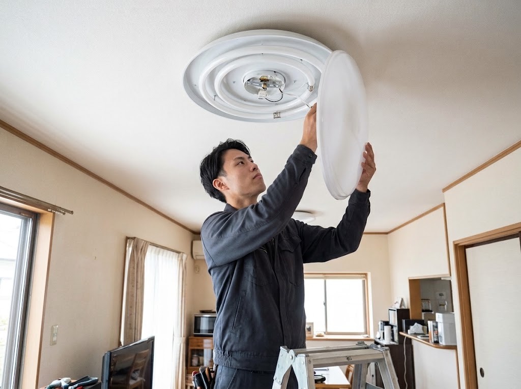 天井の蛍光灯を交換している電気工事士